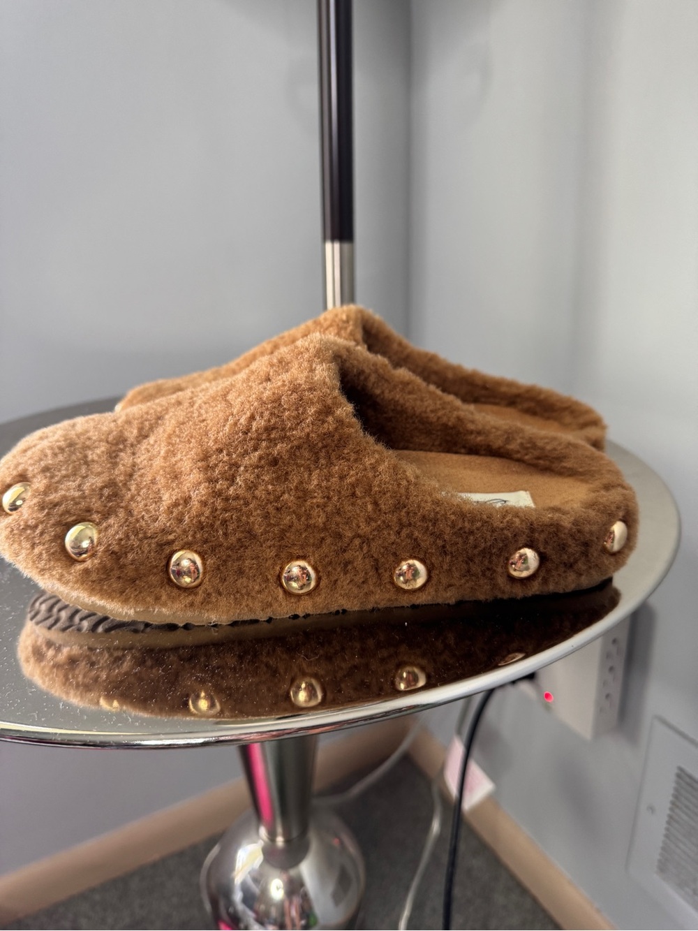 Vintage Havana Brown Faux Shearling Studded Slide Mules